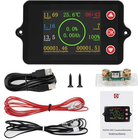 Monitor de Batería DC8-100V Comprobador de Baterias Pantalla a Color Battery Monitor Corriente/Tensión/Potencia/Capacidad restante/Conteo de ciclos Derivador de Cobre-manganeso 100A + USB 2 m