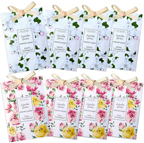 Jasmine+Rose Scented Sachets, Wardrobe Fresheners, large fragrance bags for Moths, Drawers, Closets, Office, Bedroom, Living Room, Sports Bag. 4 jasmine + 4 rose fragrance