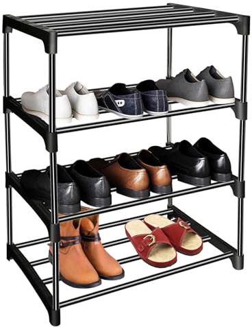 Aevorine Zapatero de 4 Niveles, Estantería de Metal para 8 Pares de Zapatos, Zapatera de Almacenamiento, Estantería de Zapatos Apilable para Entrada, Baño, Sala de Estar, Armario (Negro)