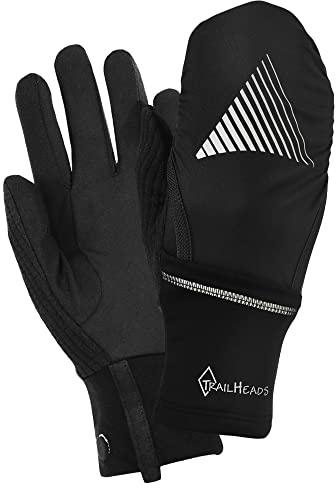 TrailHeads Mens Running Gloves Touchscreen Fingers & Convertible Waterproof Mitten Shell - for Winter, Reflective, Warm - Black/Reflective (Small/Medium)