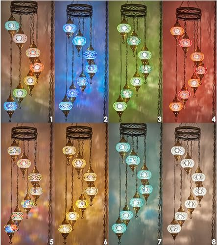 Lámpara de araña de mosaico turco marroquí, lámpara colgante de techo, luz de enchufe con cable de 4,5 metros, cadena y enchufe, no requiere cableado, 7 pantallas, cuelga 130 cm