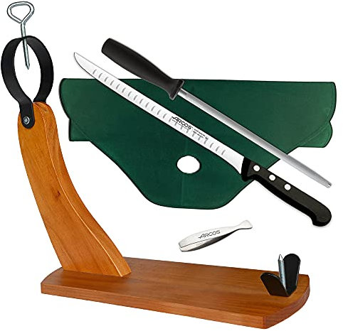 CUPERINOX | SchinkenschneiderSet | Professionelles Schinken und Messerset (5 Stück) | Schinkenhalter aus Holz Gondola + Schinkenmesser aus Edelstahl (240 mm) + Schärfer (Chaira), Schinkenabdeckung