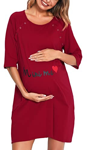 Vlazom Women 3 in 1 Cotton Nursing/Delivery/Labor/Maternity Nightgown Half Sleeve Breastfeeding Sleep Dress Hospital Gown Sleepwear, Wine Red, L