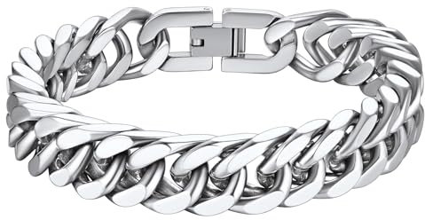 Richsteel Edelstahl Panzerkette Armband 12mm Cuban Gliederarmband Hip pop Armskette in 21cm lang Herren Jungen Partnerarmband für Geburtstag Weihnachten
