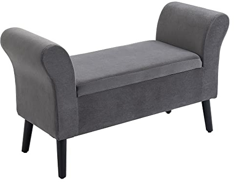HOMCOM Panca Contenitore Camera da Letto con Vano Portaoggetti e Braccioli, Panca per Ingresso in Tessuto Effetto Velluto e Legno di Gomma, Panca Fondo Letto, 111.5x41x65 cm, Grigio