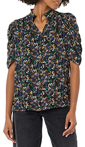 Amazon Essentials Chemisier léger en crêpe Georgette tissée à Manches mi-Longues et col à Volants Femme, Noir Jaune Floral, XS