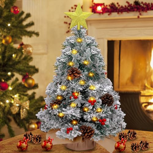 Frasheng Albero di Natale da Tavolo da 50 cm, Mini Albero di Pino di Natale Artificiale con luci e Ornamenti a LED, Albero di Natale Piccolo, Con Pigne, Per Natale Party e Decorazione da Tavolo