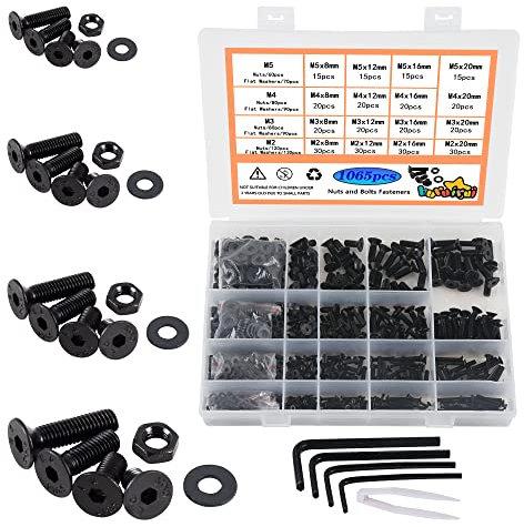 huruirui M2 M3 M4 M5 Écrous et Boulons Rondelles Ensemble Assorti, 1065Pièces Noir Hex Socket Head Cap Vis Boulon et Écrou Kit, Filetage Machine Boulons et Écrou Ensemble Outils Assortiment Kit