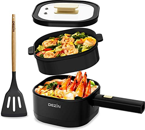 Dezin 2L Electric Hot Pot with Steamer, Rapid 800W Non-Stick Ceramic Coating Dorm Cooking Pot, Plug in Electric Pan Cooker with Adjustable Power for College Hotel Office(Silicone Spatula Included)