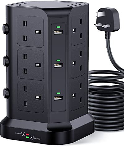 Tower Extension Lead With 5M Cable by KOOSLA, [13A 3250W] Surge Protector - 12 AC Outlets & 6 USB Ports Multi Plug Socket Charging Station, Tower Power Strip for Home, Office,Kitchen-Black
