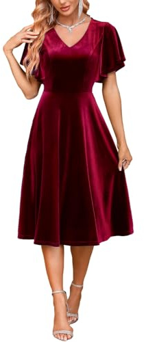 Bridesmay Women's Short Sleeve V Neck Velvet Dress 2026 Midi Cocktail Dresses for Fall Wedding Guest Plus Size Burgundy S