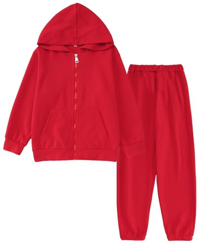 Ritatte Little Girls Boys Sweatsuit Solid Zipper Hooded Sweatshirt Tops Sweatpants Jogger Set Kids 2Pcs Fall Winter Outfits(Red,7-8T(140))