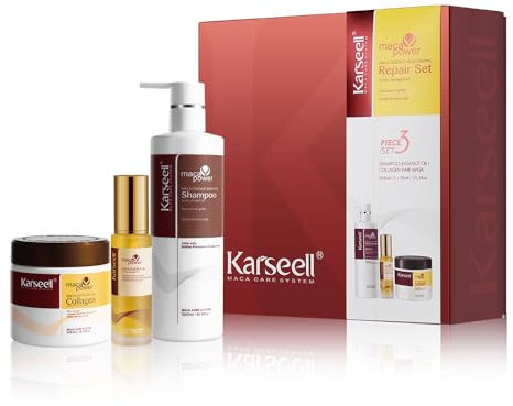 Karseell Feuchtigkeitsspendend Reparatur Set, Kollagen Haarmaske Shampoo Haaröl Geschenkset für Trockenes Geschädigtes Haar Alle Haartypen 2 x 500ml + 50ml