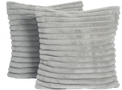 OHS Faux Fur Grey Cushions Ribbed, Decorative Throw Pillows for Sofa Cushions Living Room Scatter Cushions Covers Smooth Soft Comfy Home Decor, Pack of 2 - Grey