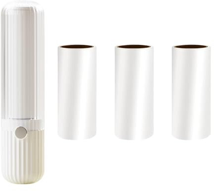 Dewocke Rouleau Anti-Peluche Portable, Mini Rouleau Anti Poil de Voyage, Rouleau Peluche pour Vêtements, Poils Animaux, Rouleau Poils pour Maison, Bureau et Voyages - Comprend 4 Recharges - Blanc