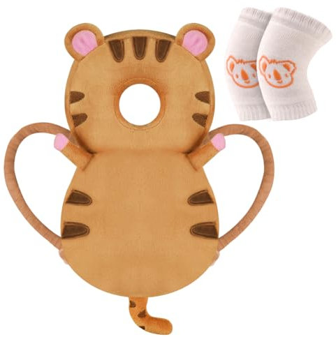 Vicloon Coussin de Protection de la Tête pour Bébé, Coussin de sac à dos Réglable pour Tout-petit avec Genouillères, Harnais de Sécurité pour Bébé de 4 à 24 mois Marche Rampante-Tigre brun