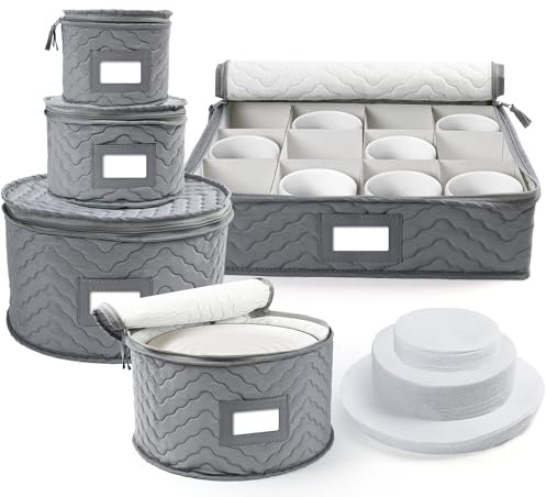 LotFancy China Storage Containers, Quilted 5-Piece Set Storage Box, Chinaware Dinnerware Dish Plate Mug Cup Storage Case, 48 Felt Protectors, Cardboard Dividers Included