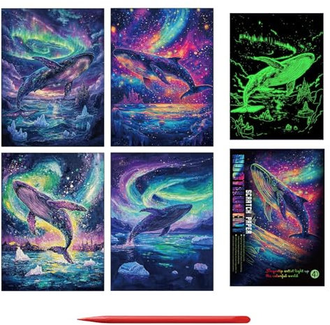 H HOMEWINS 4er-Set Nachtleuchtende Kratzbilder, Wal-Motive, Leuchtend Scratch Art Bilder 31,5x25,2 cm inkl. Kratzstift, Kreatives Bastelset für Kinder & Erwachsene