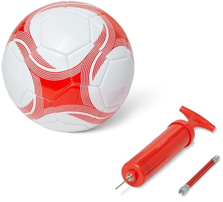 Amazon Basics - Pallone Calcio Misura 4 con Pompa, Pallone Allenamento, in PVC Resistente, Camera d'Aria in Butile, Uso Interno ed Esterno, Pallone da Gioco Cucito a Macchina, Bianco e Rosso