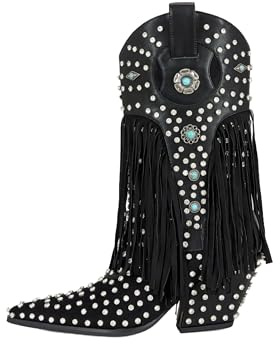 sexytag Fringe Cowboy Boots for Women Rhinestone Embellishments Mid Calf Cowgirl Boots Turquoise Flower Studded Western Booties Pull On Pointed Toe Chunky Heels Wide Calf Bootie Black Size 11