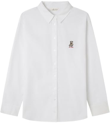 SPRINGFIELD Oversize Oxford Shirt with Bear Embroidery Camicia, Bianco, 44 Donna