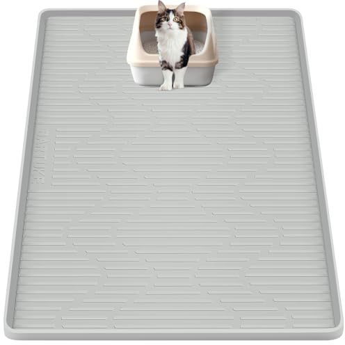 Bartuke 34''x20'' Tappetino in silicone per lettiera per gatti per il controllo dello spargimento, impermeabile, morbido sulle zampe del gatto, pavimento pulito (grigio)