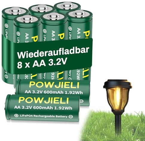 POWJIELI AA 3.2 V 600 mAh LiFePo4 Battery, Rechargeable AA Battery with Low Self-Discharge for Outdoor Lights, Solar Garden Lights, Solar Post Lights