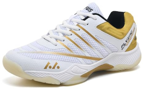 Men's Trainers Tennis Shoes Netball Trainers Squash Shoes Men Sport and Outdoor Gym Badminton Breathable Non-Slip Sneakers Women's Squash Sneakers Light Competition Training (White/Gold,3.5)