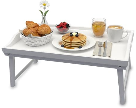 Vassoio da Letto Relaxdays, bambù, HxLxP: 20 x 50 x 30 cm, con Piedini, Maniglie, Colazione in Letto, Bianco