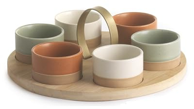 PABEN Antipastiera Rustica con 6 Ciotole e Vassoio 24 cm in Porcellana e Legno con Color Box
