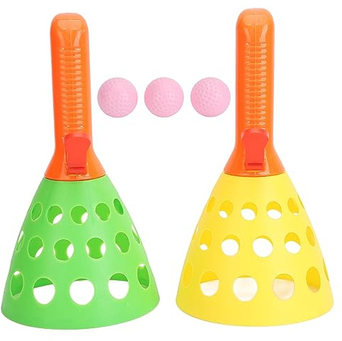 ACOGEDO Jeu de Balle Pop and Catch, 2 Poignées, 2 Paniers de Réception, 3 Balles avec Lanceur pour la Coordination œil-Main en Famille en Plein Air (Jaune et Vert)