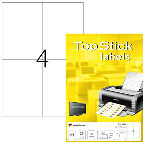 TopStick Etichette multiuso autoadesive, 4 etichette per foglio A4, 25 fogli, 105 x 148 mm, 100 etichette, universali vuote, per stampanti laser e inkjet, bianco