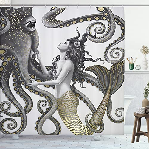 GOOESING Mermaid and Octopus Shower Curtain, Abstract Ocean Nautical Fantasy Animals Decorative Bathroom Fabric Waterproof Polyester Shower Curtain, Artistic Boho Farmhouse Mystic Shower Curtains