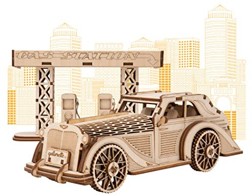 qollorette 3D Holzpuzzle Bastelset, Knobelspiele Für Erwachsene, Teenager, Holzauto Geduldspiele Baukasten, Retro Auto und Tankstelle - Puzzle Zimmer Deko