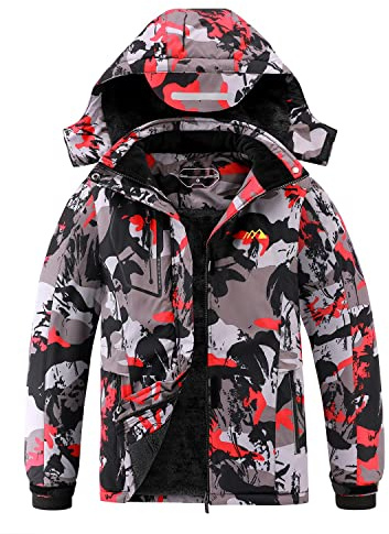 Kid's Ski Jacket Winter Waterproof Coat girls boys Big Kid Fleece Snowboarding Jackets with Detachable HoodRed camo-10-12