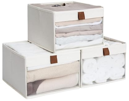 StorageWorks Closet Storage Bins, Storage Baskets with Clear Window and Handles, Foldable Fabric Organizer for Clothes, Shelves, Beige, 3 Pack