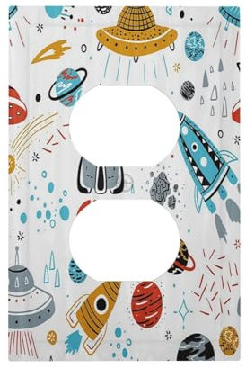 Cartoon Space Rocket Boys Universe Planet 1 Gang Outlet Plate Decorative Single Duplex Wall Plate Covers Unique Electrical Receptacle Light Switch Cover Art Faceplate Switchplate for Kidroom Decor
