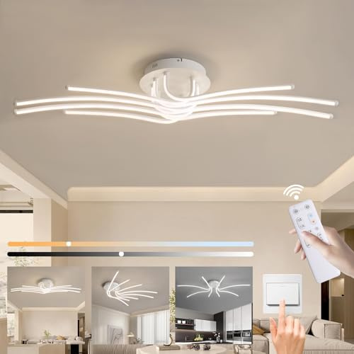 Liyabber Taklampa LED Dimbar Plafondlampa med Fjärrkontroll, 56W vit Aluminium Vardagsrumslampa, Modern 8 Flame Taklampor med Timer för Sovrum Vardagsrum Kontor 118cm