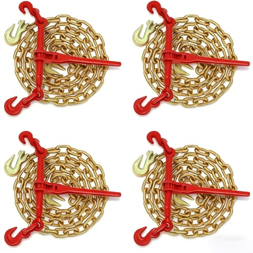 G80 Chain Binder Set with Chain – 3/8 x 10FT Transport Chain & Ratchet Load Binder, 6,600 LBS WLL per Assembly, Heavy Duty Cargo Tie Down Kit for Flatbed Truck & Trailer, 4 Pack