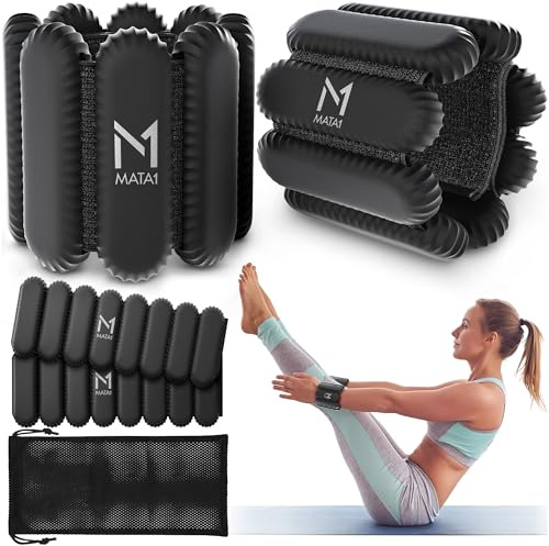 Ankle & Wrist Weights for Men & Women - Set of 2, 1 lb / 0.5 kg each, Black - Adjustable Silicone Workout Bands w/Removable Weights for Fitness & Training - by Mata1