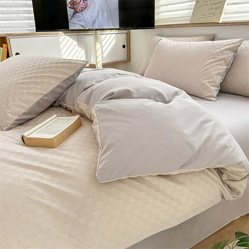 4pcs,Solid Color 100% Washed Cotton Duvet Cover Set,Reversible Quilt Cover Full Size,Soft Comforter Bedding Cover with Zipper Closure,Waffle Weave Quilt Cover(Camel-Hair and Gray,Twin(3pcs))
