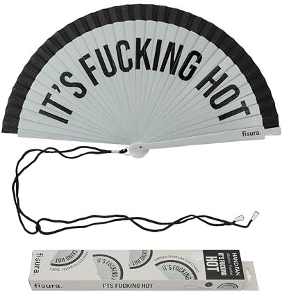 FISURA – Origineller Fächer mit Text „It’s f*cking hot“. Moderner, farbenfroher Handventilator aus wendbarem Holz. Graue und schwarze Töne. Haken inbegriffen. Größe: 42,5 x 23 cm
