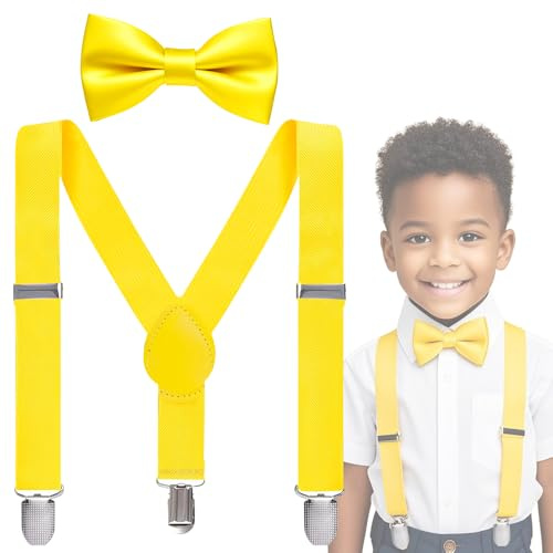Vexadrix Kids Suspenders Bow Tie Sets Classic Solid Color Toddler Suspenders for Kids Wedding Party (Yellow)