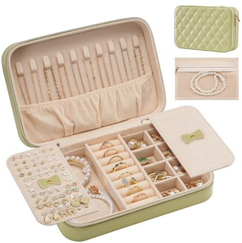 Lolalet Travel Jewelry Case for Women Girls, Travel Jewelry Organizer Box with Mirror & Clear Storage Bag, Small Portable Earring Necklace Bracelet Ring Case, Birthday Valentine Gifts -Medium, Green