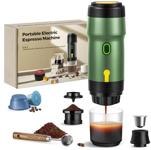ICARE Cafetera Portatil Capsulas, Espresso Machine 3 en 1, 20BAR Presión, 92°C Extracción, Batería 7500mAh, Carga USB/Coche, para Café Molido y Cápsulas Pequeña/Grande (Verde)