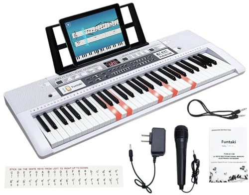 Funtaki 61-tangenters elektroniskt tangentbordpiano för vuxna barn med upplysta tangenter, MIDI-anslutning och inlärningslägen – perfekt nybörjarpiano (ljusvit)