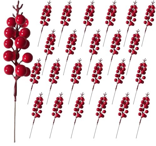 Melasa 24 Pack 18cm Künstliche Rote Beeren für Weihnachtsbaum Deko, Weihnachten Stechpalmenbeeren Zweige Dekorationen, Holly Beeren für Handwerk Urlaub Hochzeit Zuhause Deko