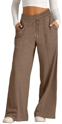 Pantalones deportivos de pierna ancha para niñas con cordón de ajuste, cintura alta, color liso, con bolsillos, para correr, ciclismo, pierna recta, holgados, para la escuela, de gran tamaño, café, 12