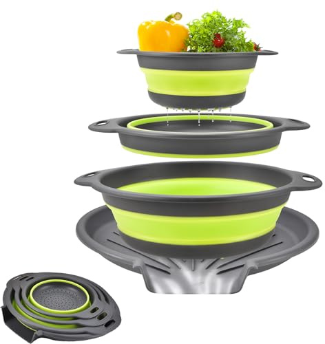 Juego de 3 coladores plegables para fregadero,Con bandeja de drenaje antideslizante,Coladores cocina duraderos apto lavavajillas,Set multifunción para frutas verduras y pasta,Diseño apilable compacto