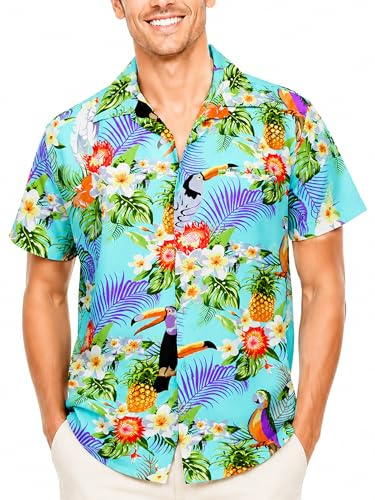 King Kameha Camisa Hawaiana para Hombre Vintage de Manga Corta con Estampado de Loro y Cacatúa